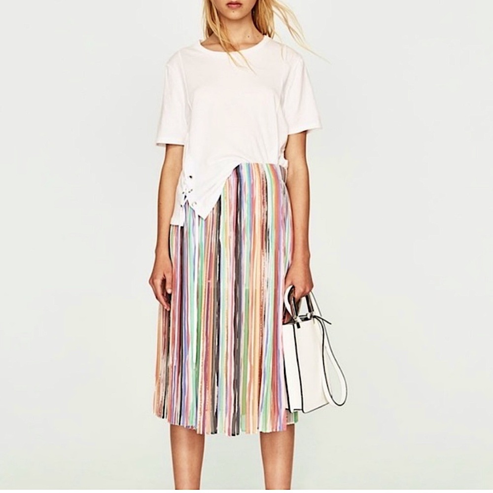 Zara Rainbow Stripe Pleated Chiffon Flowy Midi Skirt small